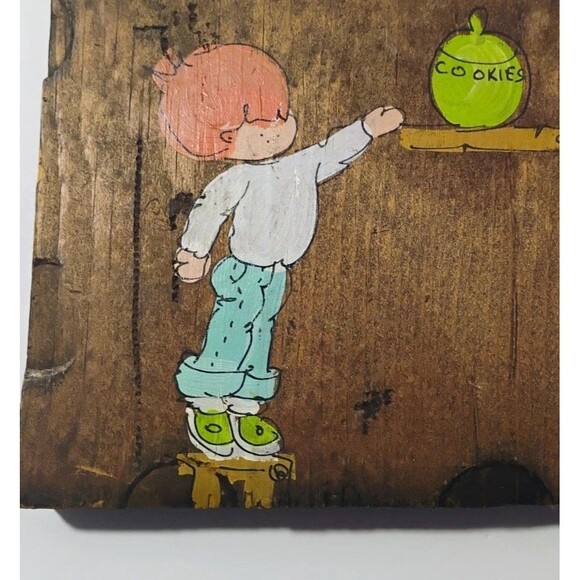 Vtg Wooden Canvas Hand Carved Child & Green Cookie Jar Paint Touch Of Happiness - Picture 6 of 11